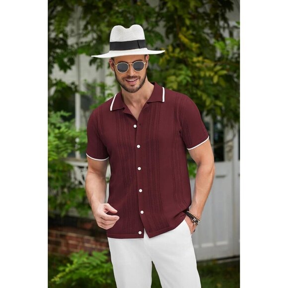❤️Men's Red Button Down Shirt Vintage Short Sleeve Shirts Casual Beach Tops - Picture 3 of 6